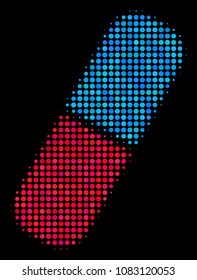 Pill halftone vector icon. Illustration style is dotted iconic pill symbol on a black background. Halftone structure is constructed with circle cells.