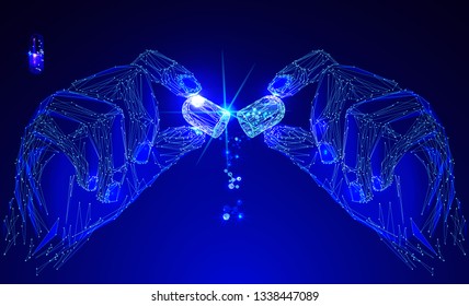 Pill in the hand. Health Care Vector illustration. Тechnological concept. Banner. Low poly vector illustration of a starry sky or Cosmos. 