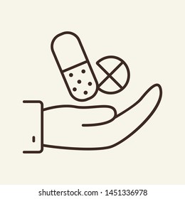 Pill in hand line icon. Capsule, tablet, vitamin. Medicine concept. Vector illustration can be used for topics like medical prescription, pharmacy, medication