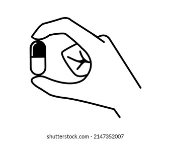 Pill in hand minimal line design. Doctor hold of capsule fingers. Take painkillers. Medical treatment concept. Healthcare. Medical drugs. Pharmacist give tablets. Vector flat. Isolated on background.