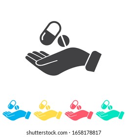 Píldora en el conjunto de iconos de varios colores de la mano. Glifo simple, vector plano de iconos médicos para ui y ux, sitio web o aplicación móvil