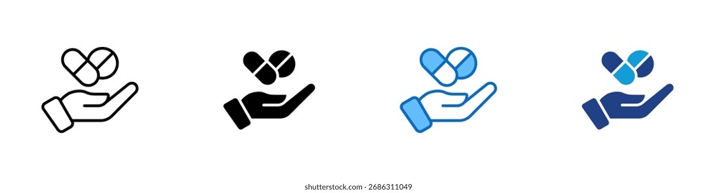 Mão de Pílula Múltiplo Estilo Icon Sheet Design Vetor - Abra a mão segurando pílulas, simbolizando a distribuição de medicamentos, suporte de saúde ou oferta de tratamento