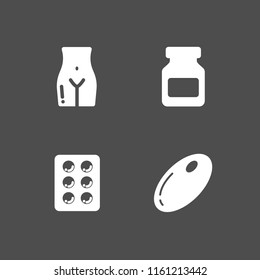 pill icon. 4 pill set with pills, blister, drug and medicine vector icons for web and mobile app