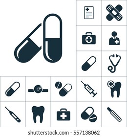 pill icon black on white background, medical tools set on white background