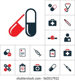pill icon black on white background, medical tools set on white background