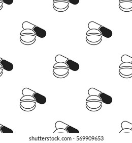 Pill icon in black style isolated on white background. Medicine and hospital pattern stock vector illustration.