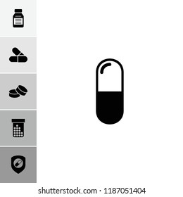 Pill icon. collection of 6 pill filled icons such as medicine, health insurance. editable pill icons for web and mobile.