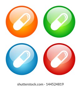 Pill Icon Colorful Glass Button Icon Set.  Vector format, colors can be adjusted easily.