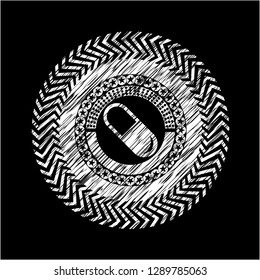 pill icon drawn chalk emblem, retro style, chalk or chalkboard texture