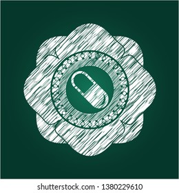 pill icon drawn chalk emblem, retro style, chalk or chalkboard texture