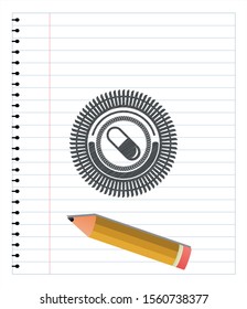 pill icon emblem draw with pencil effect. Vector Illustration. Detailed.