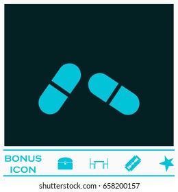 Pill icon flat. Blue pictogram on dark background. Vector illustration symbol and bonus icons