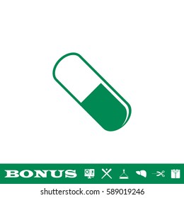 Pill icon flat. Green pictogram on white background. Vector illustration symbol and bonus button