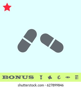 Pill icon flat. Grey pictogram on blue background. Vector illustration symbol and bonus buttons medal, cow, earth, eye, calculator