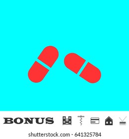 Pill icon flat. Red pictogram on blue background. Vector illustration symbol and bonus buttons Music center, corkscrew, credit card, house, drum