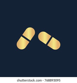Pill icon flat. Simple gold pictogram on dark background. Vector illustration symbol