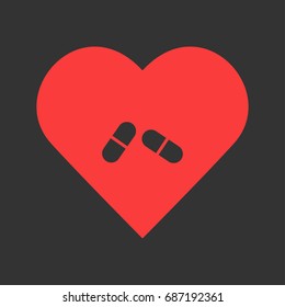 Pill icon flat. Simple pictogram on heart background. Vector illustration symbol