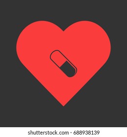 Pill icon flat. Simple pictogram on heart background. Vector illustration symbol