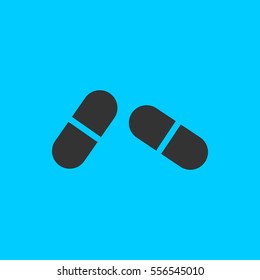 Pill icon flat. Simple vector black pictogram on blue background