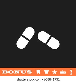 Pill icon flat. White pictogram on black background. Vector illustration symbol and bonus button tooth, vase, star, mirror, bottle