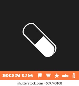 Pill icon flat. White pictogram on black background. Vector illustration symbol and bonus button tooth, vase, star, mirror, bottle
