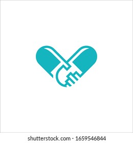 Pill icon with hand care icon inside vector logo illustration