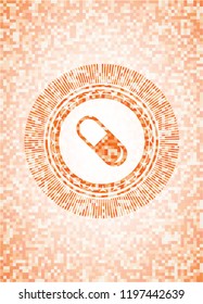 pill icon inside abstract emblem, orange mosaic background