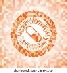 pill icon inside abstract emblem, orange mosaic background