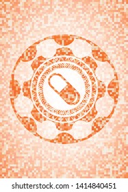 pill icon inside abstract emblem, orange mosaic background