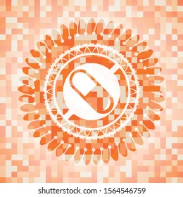 pill icon inside abstract emblem, orange mosaic background