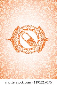 pill icon inside abstract orange mosaic emblem with background