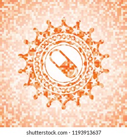 pill icon inside abstract orange mosaic emblem with background