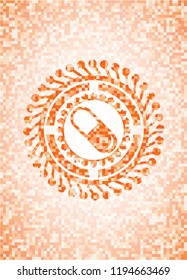 pill icon inside abstract orange mosaic emblem with background