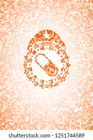 pill icon inside abstract orange mosaic emblem