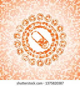 pill icon inside abstract orange mosaic emblem with background