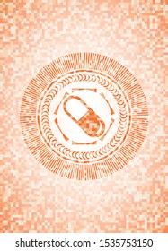 pill icon inside abstract orange mosaic emblem with background