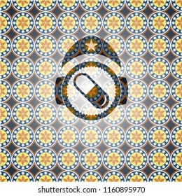 pill icon inside arabesque emblem background. arabic decoration.