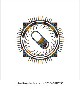 pill icon inside arabesque emblem background. arabic decoration.