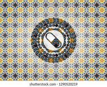 pill icon inside arabesque emblem. arabic decoration.