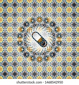 pill icon inside arabesque emblem background. arabic decoration.