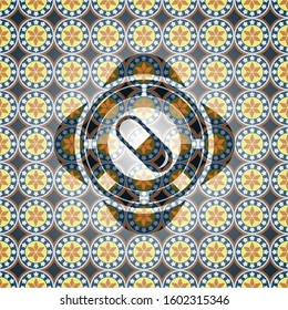 pill icon inside arabesque emblem background. arabic decoration.