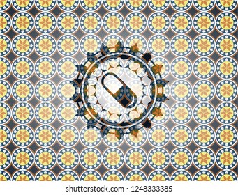 pill icon inside arabic badge background. Arabesque decoration.