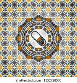 pill icon inside arabic style emblem. Arabesque decoration.
