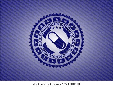 pill icon inside badge with denim texture