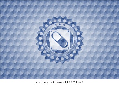 pill icon inside blue badge with geometric background.