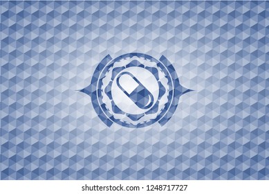 pill icon inside blue emblem with geometric background.
