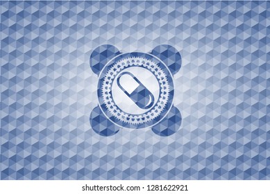 pill icon inside blue emblem or badge with geometric pattern background.