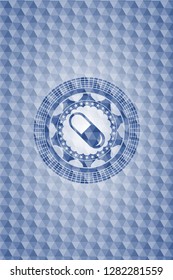 pill icon inside blue emblem with geometric background.