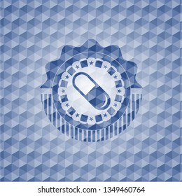 pill icon inside blue emblem with geometric background.