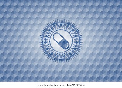 pill icon inside blue emblem or badge with geometric pattern background.